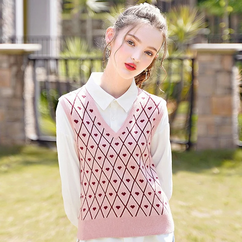 Pink Argyle Knit Sweater Vest Women Sweet Cottagecore V Neck Sleeveless Sweater Vest 2023 New Fashion Spring Autumn Streetwear