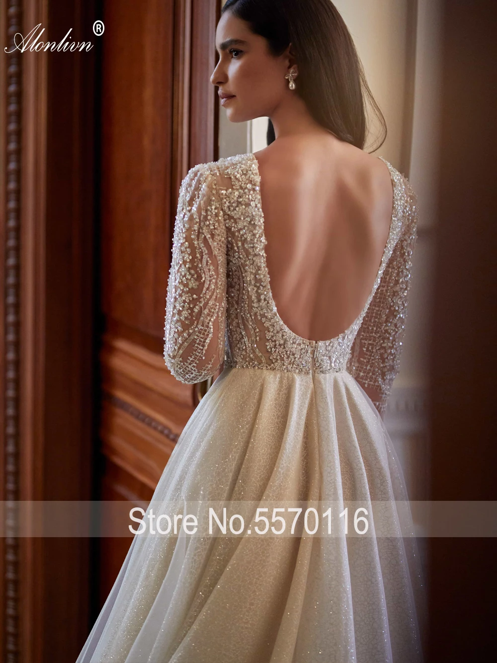 Alonlivn Elegant Voile Beading Sequined Crystals A-Line Wedding Dress V-Neck Backless Full Sleeves Bridal Gowns