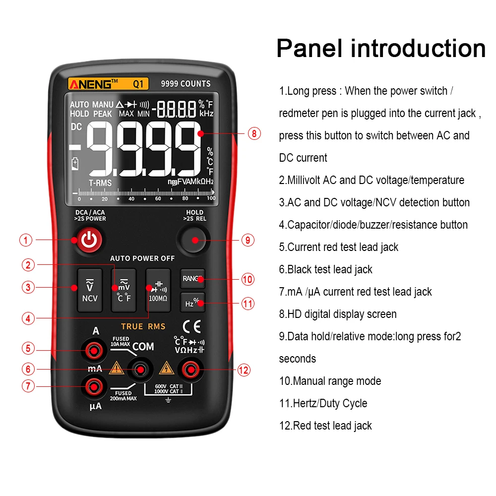 Q1 Digital Multimeter Transistor Capacitor NCV Ohm Tester 9999 Counts With Analog Professional Multimetro True RMS Auto