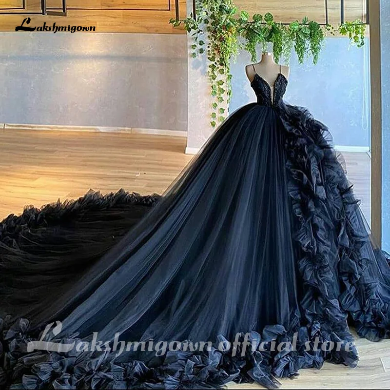 Custom Made Gothic A Line Black Wedding Dress V Neck Halloween Christmas Dress Spaghetti Straps Tulle with 3D Flower