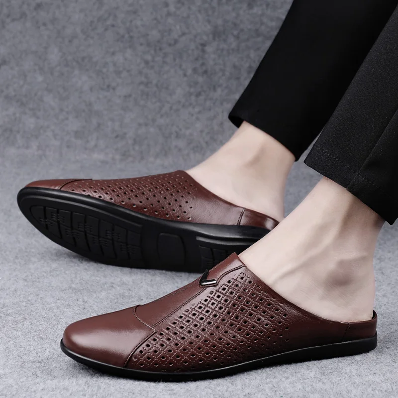 Man Summer Fashion Cowhide Casual Mules Male Breathable Half Loafer Slippers Hombre Genuine Leather Hollow Flat Half Mocassins