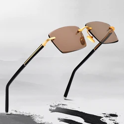 Randlose Glas Sonnenbrille Männer Luxus Kristall Stein Braune Linse Gläser männlichen Vintage Gold Sonnenbrille für Männer Retro Klare Brillen