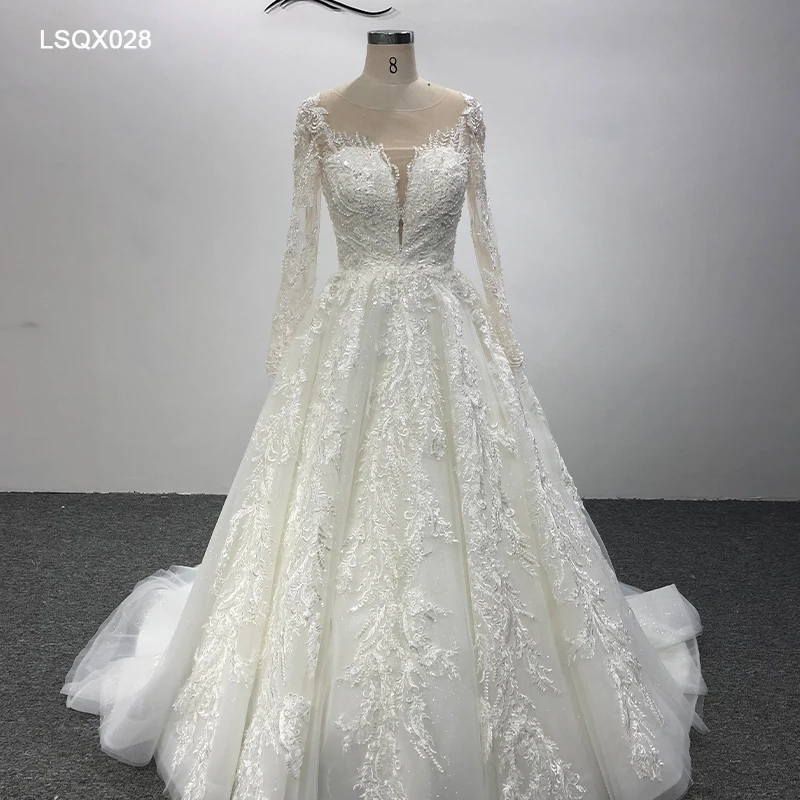 LSQX028 2021 princesse luxury wedding dress long sleeve v neck plus size a line wedding dress vestido de novia para boda civil