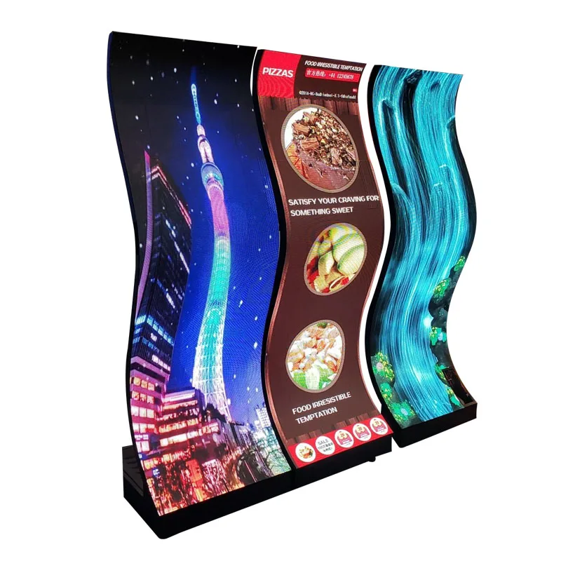 600*1920mm flexible wave led screen P2.5 P1.8 indoor curved display panel floor standing advertising screen for retail store