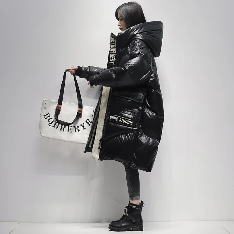 Inverno preto longo 90% pato branco para baixo jaqueta feminina streetwear 2024 nova moda solta carta à prova de vento parkas com capuz para baixo casacos