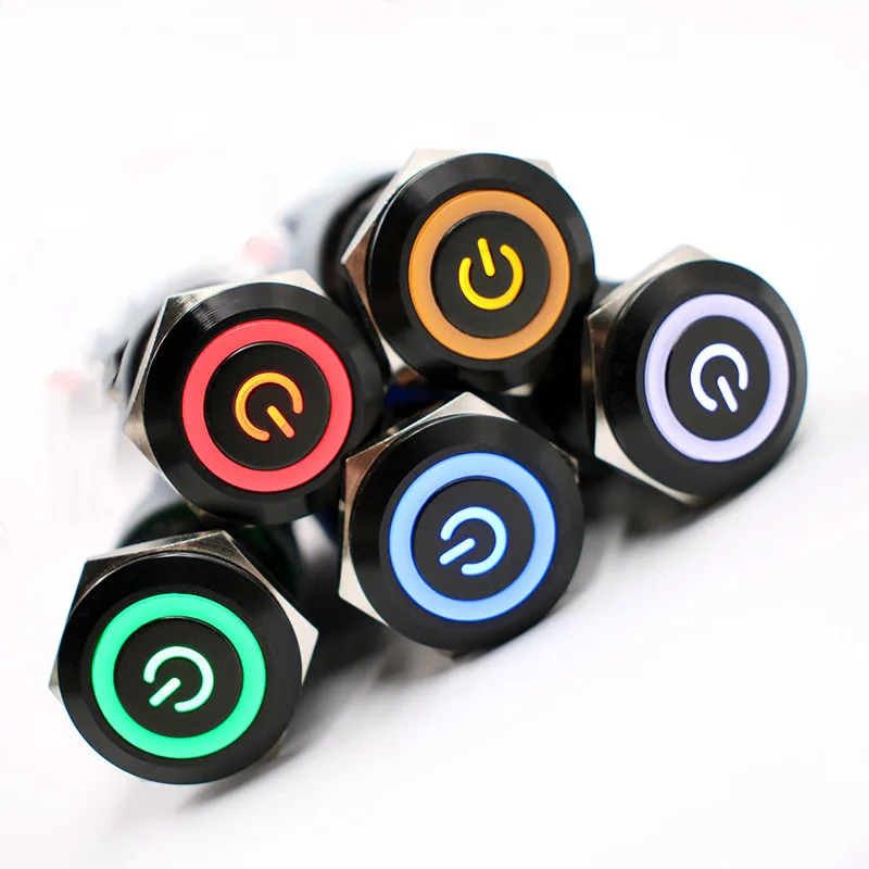 

19mm Press Metal Push Button Switch LED Light Illuminated Alumina Black Body Waterproof Momentary Reset PC Power 5V 12V 24V 220V