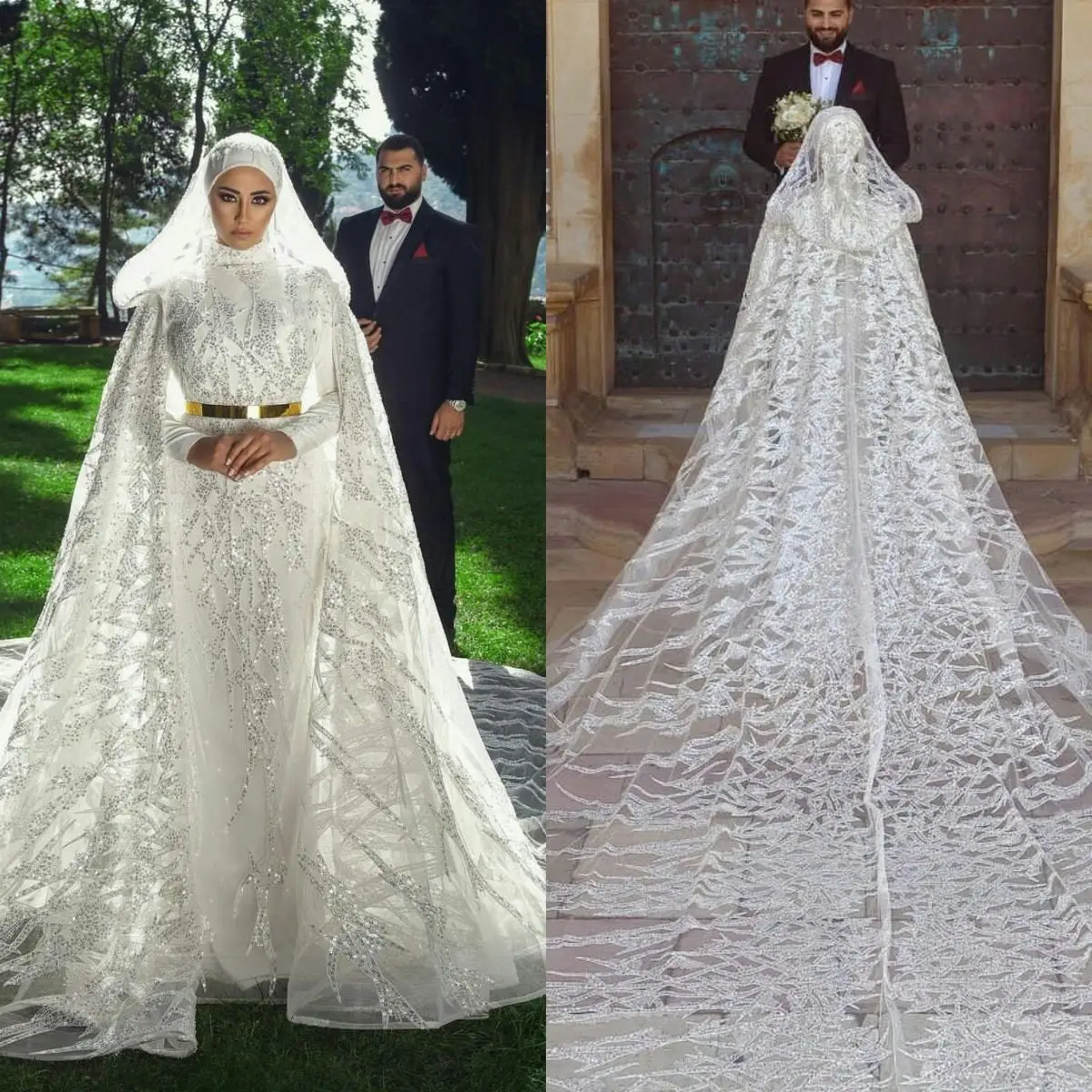 

2021 New Muslim Wedding Dress with Hijab Hooded Cape Sequins Bridal Gowns Long Sleeves Custom Made Beading vestido de novia