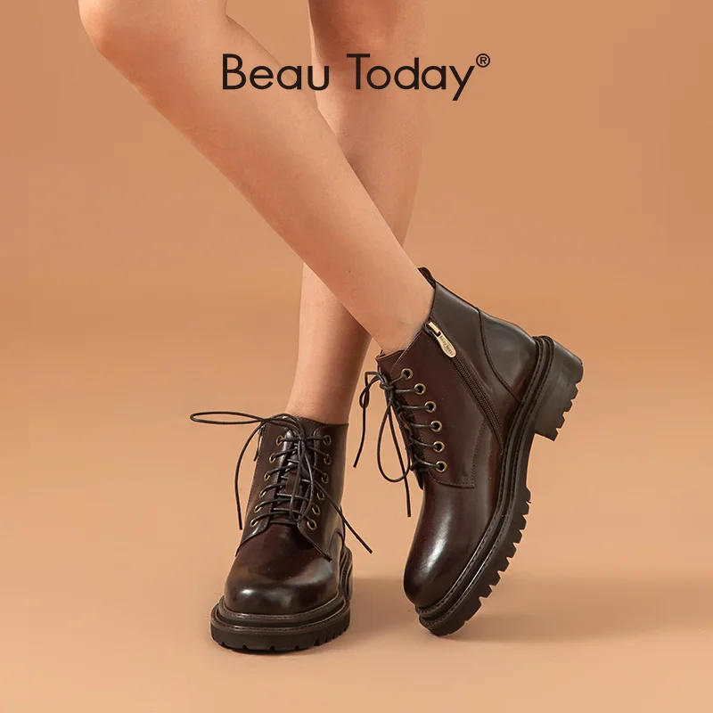 

BeauToday Ankle Women Boots Genuine Cow Leather Round Toe Lace-Up Zipper Double Sewing Autumn Fashion Lady Shoes Handmade 03452