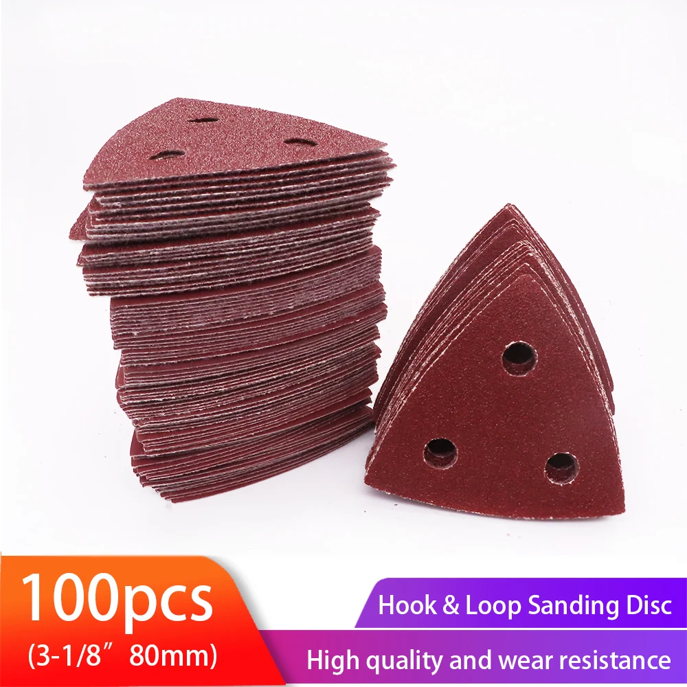 100pcs 80 mm Triangular Sandpaper 3 Holes Hook&Loop Triangle Sanding Discs Fit Oscillating Multi Tool Sanding Pad 60-400 Grit