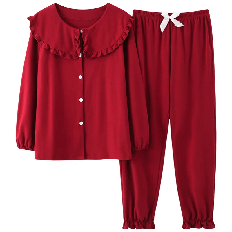 Women Full Cotton Pajamas Wedding Festive Red Pajama Sets Sleepwear Long Sleeve Top+Long Pants Pajamas Home Clothing Pyjamas