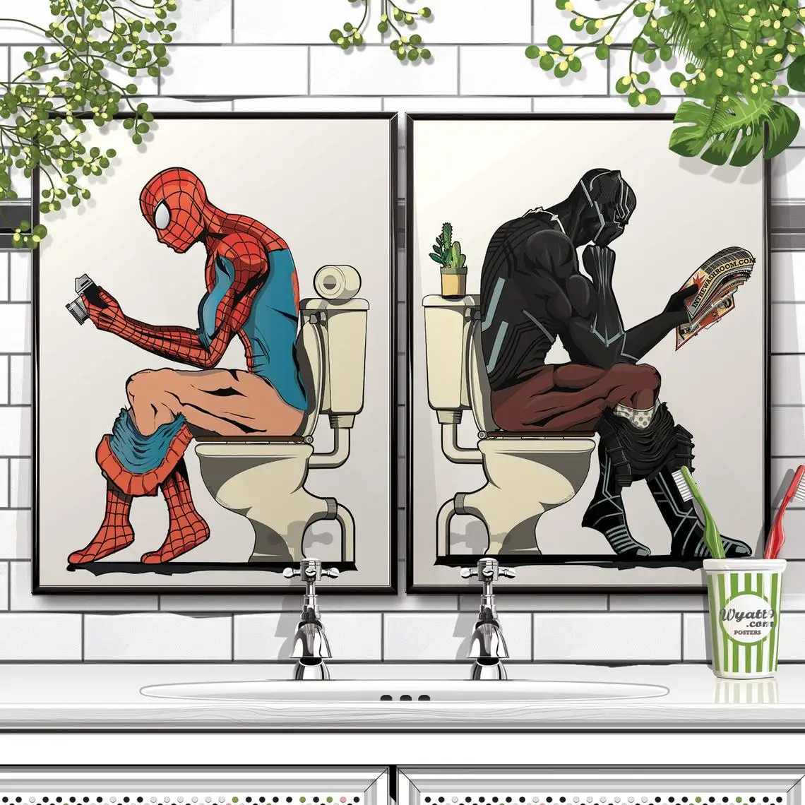 

Funny Marvel Posters and Prints Canvas Painting Spider man and Black Panther in the bath Poster for Bathroom Restroom Home Decor