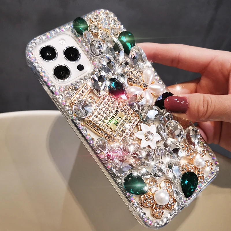 S23 Ultra Luxury Bling Diamond Rhinestone Flower Case For Samsung Galaxy S24 S22 S21 S20 Ultra Plus Note20 Case Pearl Crystal