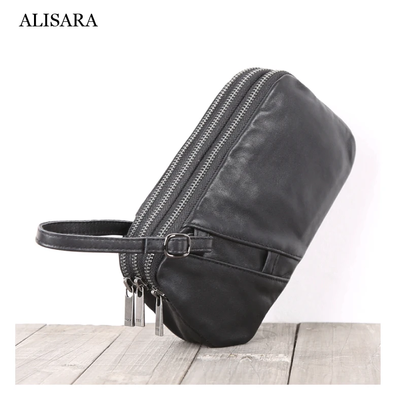 Alisara Men's Storage Clutch Bag First Layer Cow Leather Top End Quality Male Simple Zipper Organizer Hand Bags Cell Phone Purse