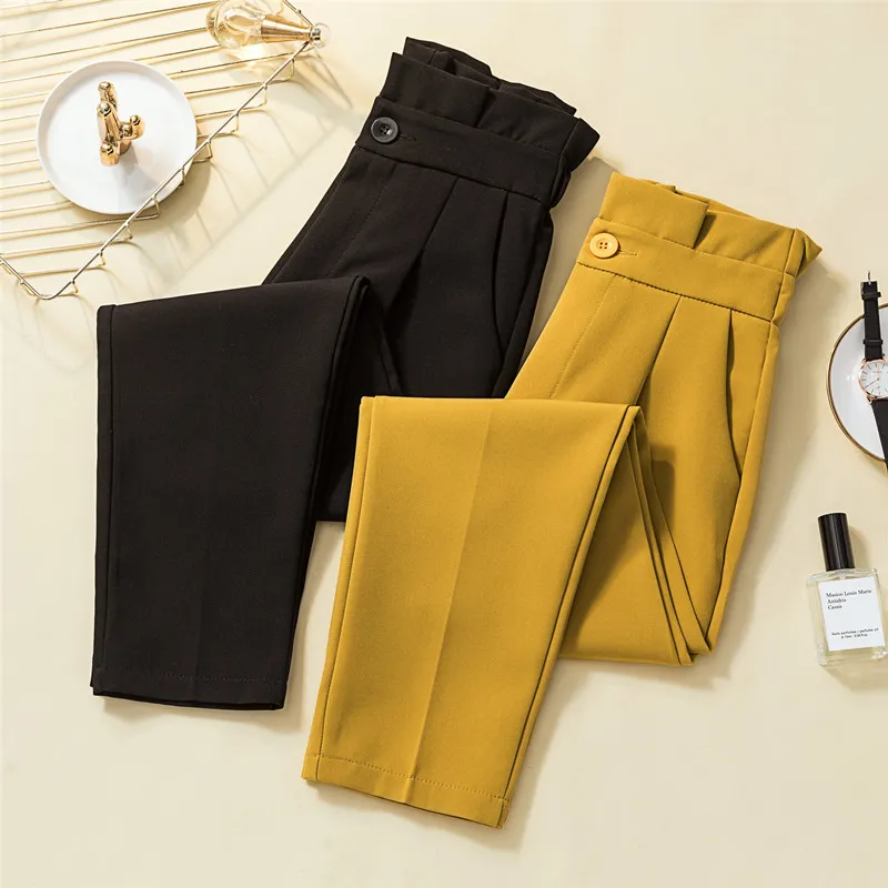 Women Suit Pants Spring Autumn Elastic Waist Casual Ankle-length Trousers Elegant Office Ladies Pencil Pants Yellow 4XL W1963