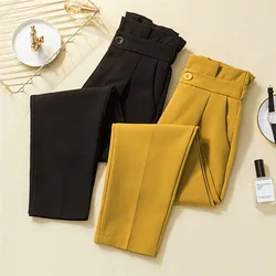 Women Suit Pants Spring Autumn Elastic Waist Casual Ankle-length Trousers Elegant Office Ladies Pencil Pants Yellow 4XL W1963