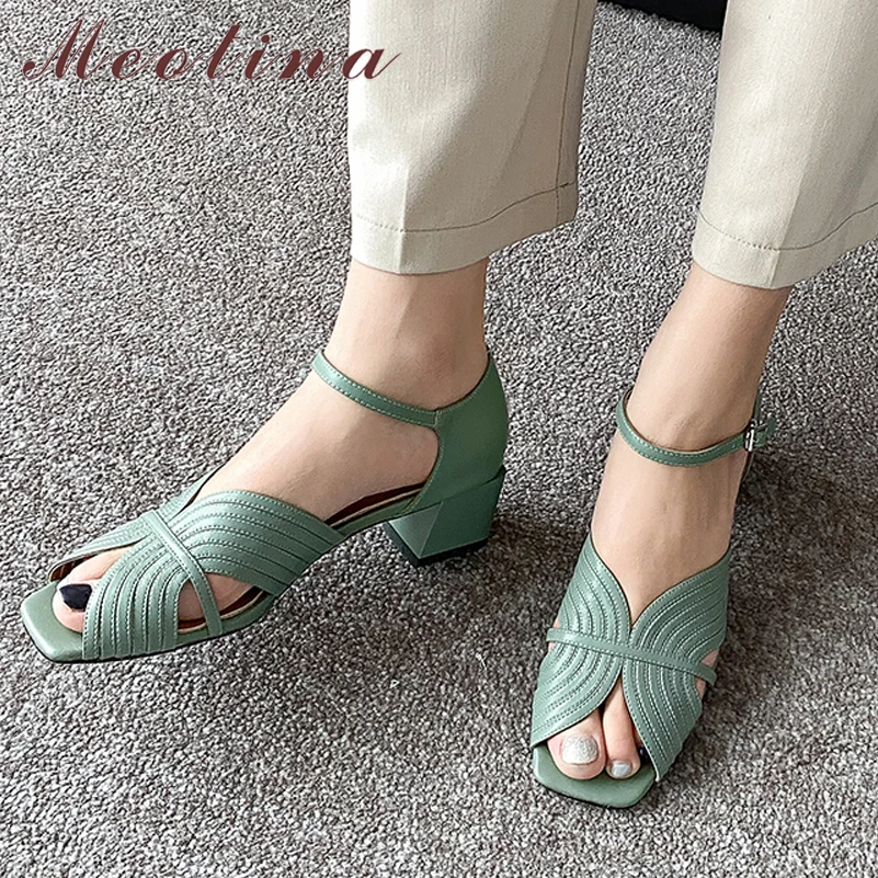 Meotina Sandals Shoes Women Genuine Leather Ankle Strap Shoes Med Thick Heel Sandals Square Toe Cow Leather Lady Sandals Summer