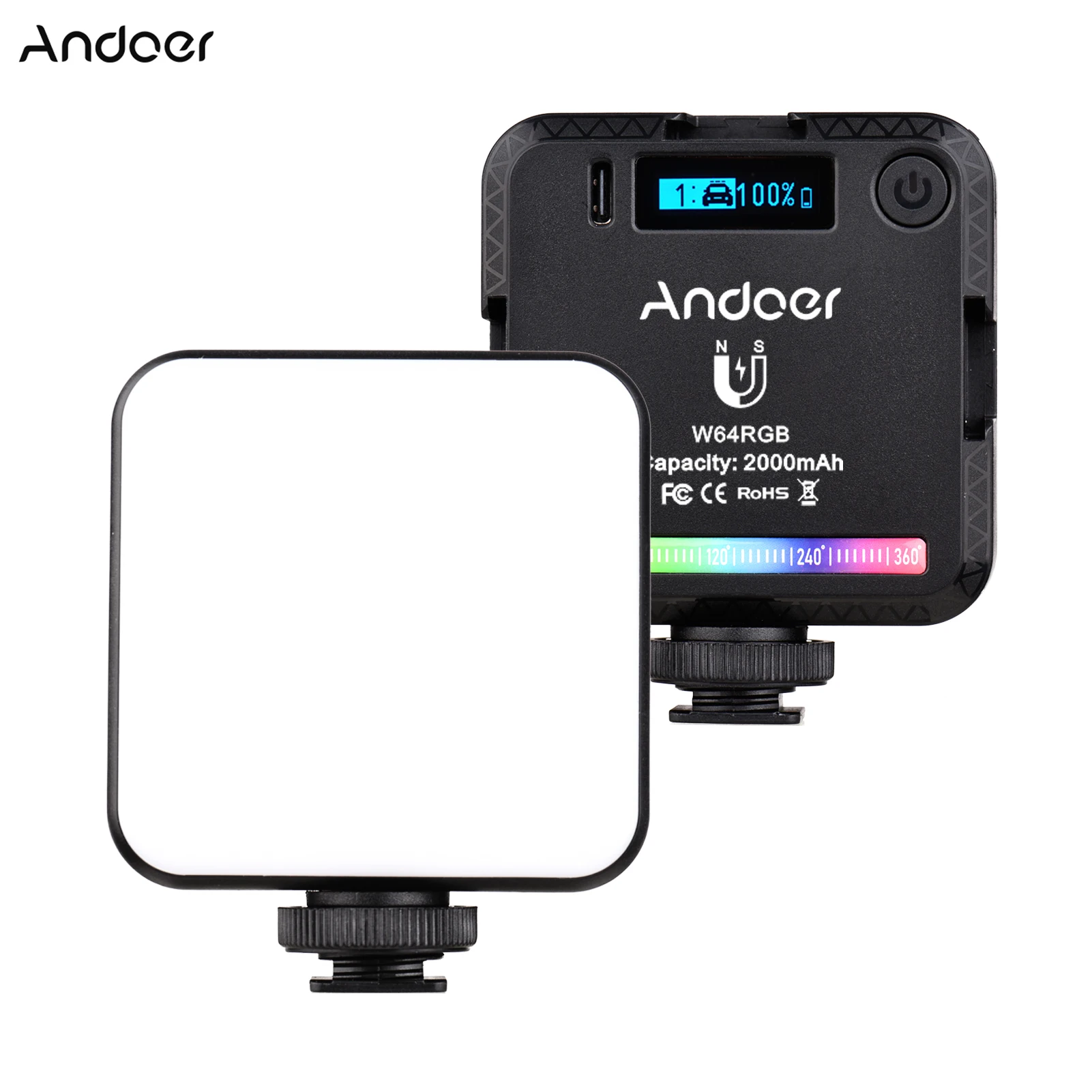 Andoer W64RGB Mini RGB LED Video Light Rechargeable Photography Fill Light CRI95+ 2500K-9000K Dimmable 20 Lighting Effects