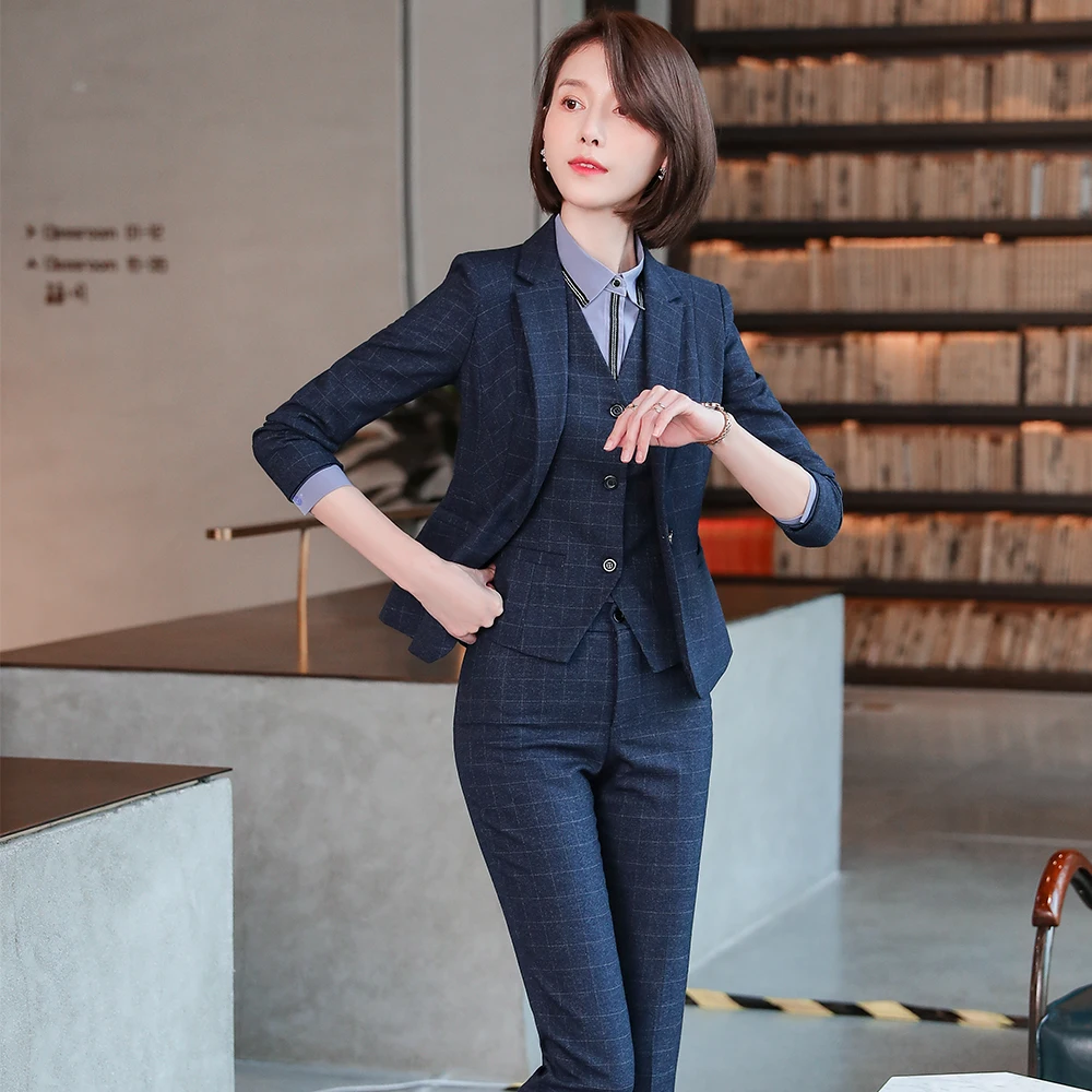 Business Work Career 3 Piece Women Pant Suit Plaid Blazer Vest and Trousers of High Quality Ladies Autumn Winter Formal Set