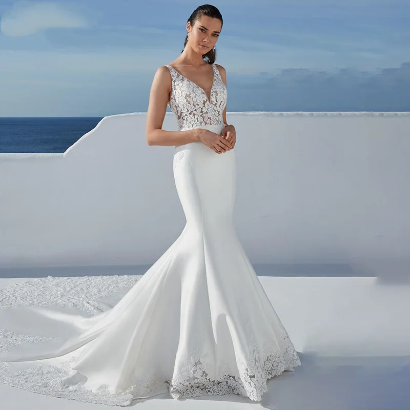 

Appliques Vestidos V-Neck Sleevless Illison Button Mermaid Wedding Dress 2024 Sleeveless Wedding Gowns Custom-made Vestido De