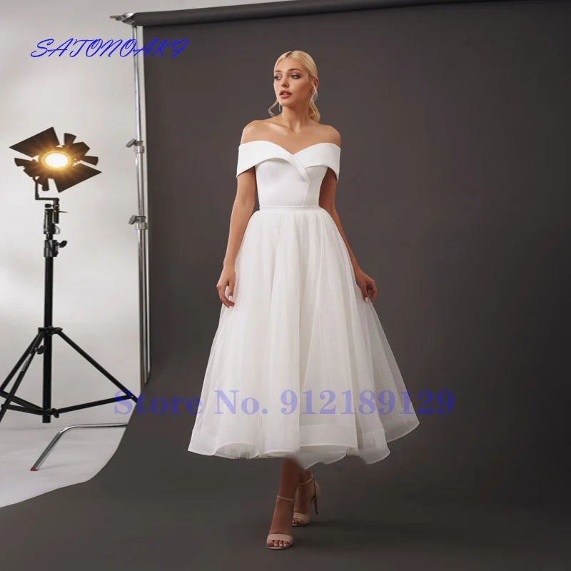 

Vestidos De Novia Short Wedding Dress 2024 Simple Off the Shoulder Satin A Line Ankle Length Bridal Gown Robe De Mariée Sukienka