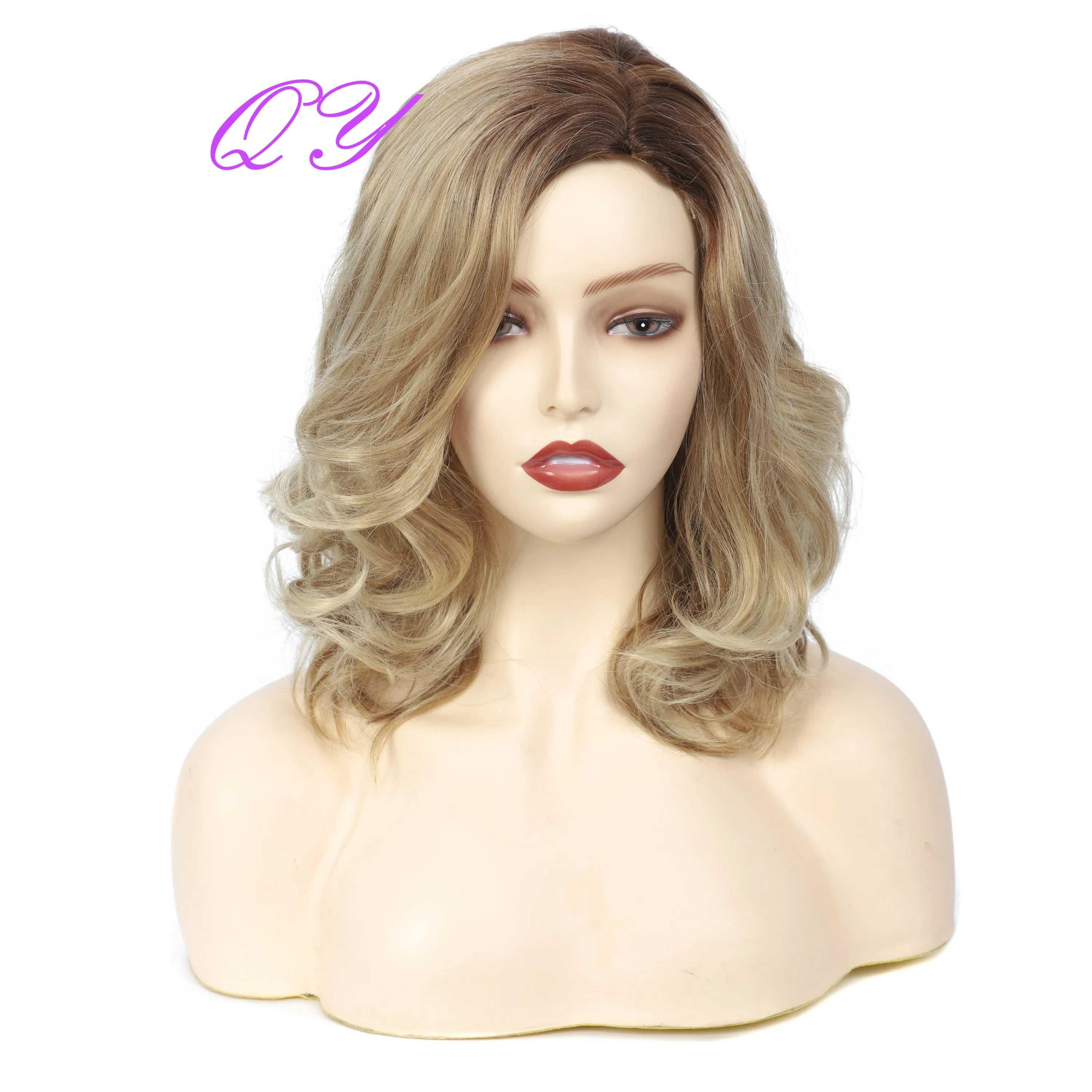 

QY Hair Short Ombre Brown Color Wave Synthetic Wig Natural Fashion Wigs For White Women