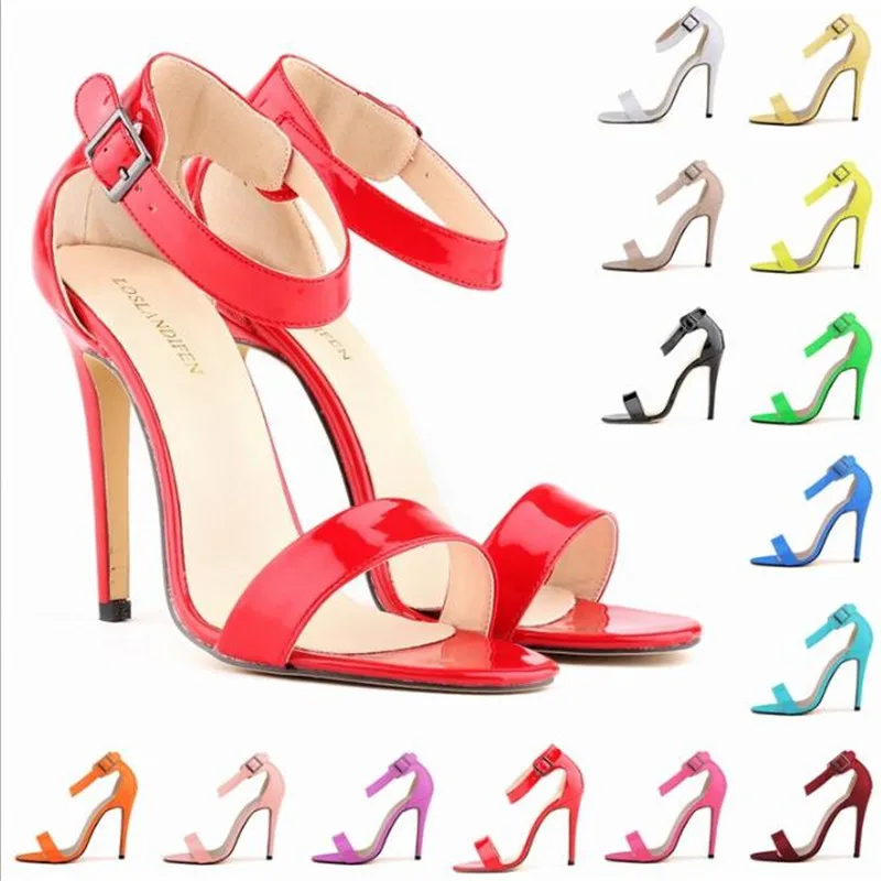 

New Arrival Concise Solid Patent Leather Shallow Sandals Women Round Toe Open Toed PU 11CM Thin High heels Buckle Strap shoes