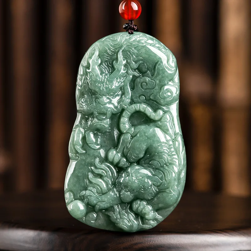 

Hot selling natural hand-carve Ice seed Emerald Zodiac Dragon Necklace Pendant fashion jewelry Men Women Luck Gifts amulet