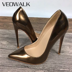 Veowalk Women Solid Glossy Brown Patent Pointed Toe Stiletto Pumps Elegant Ladies Chic Extremely High Heels Large Size 33-45