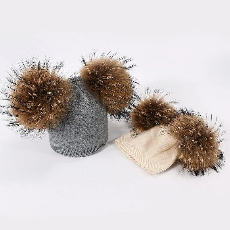 Winter Children Double Plush Ball Cap Hat for Kids Baby Girls Knitted Beanies Cap Hat Thick Female Autumn Fur Pompom Ski Cap