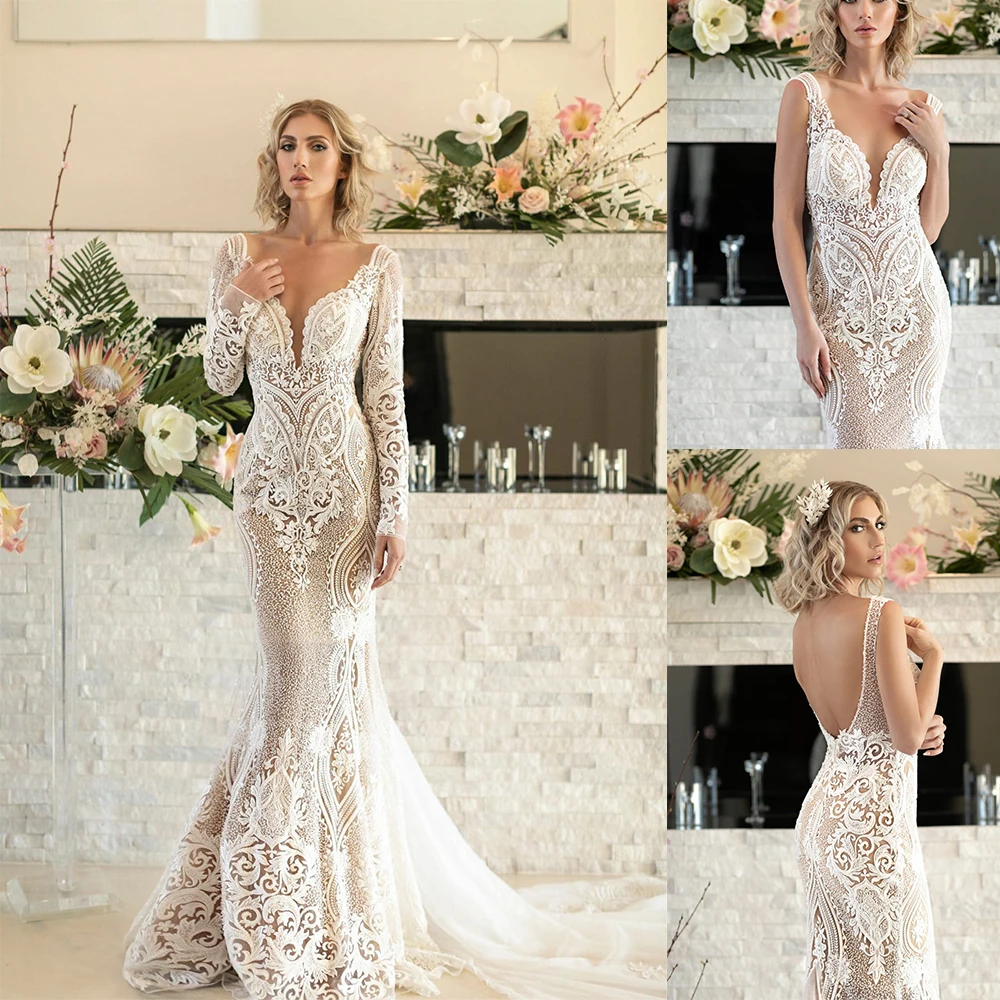 

2020 Mermaid Wedding Dresses With Detachable Sleeves Lace Applique Trumpet Wedding Dress Sweep Train Backless Robe De Mariee