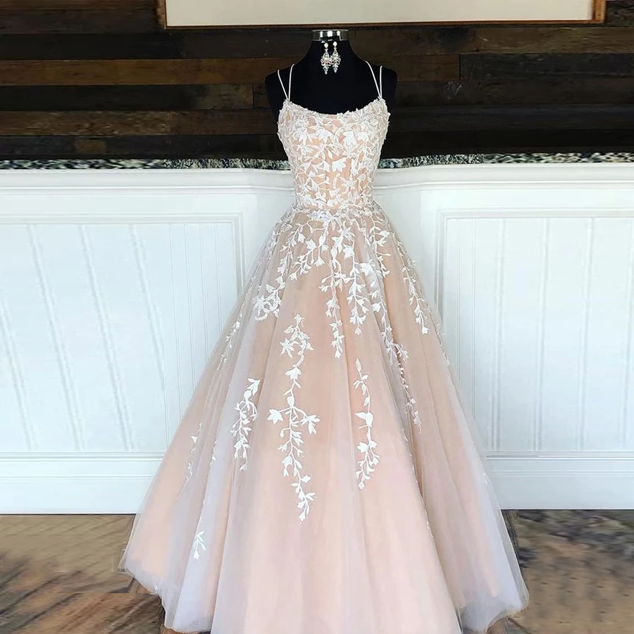 

Spaghetti Strapless Champagne Applique Lace Wedding Gown Tulle Long A-Line Wedding Dress Lace up Bridal Gowns Vestido De Noiva