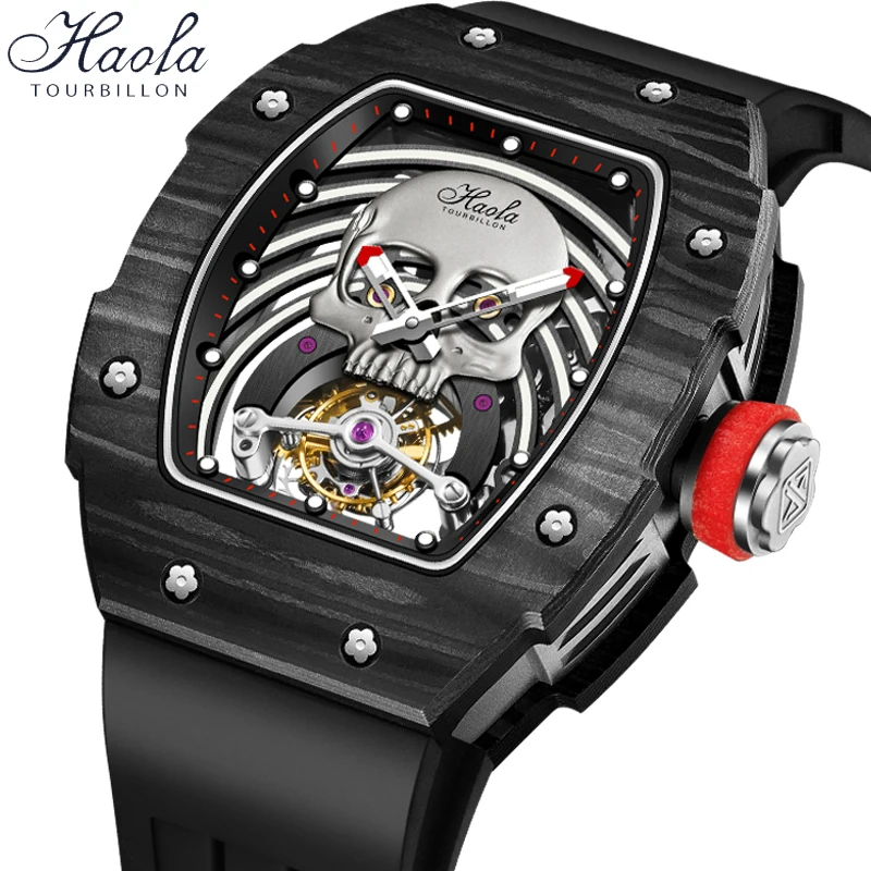 Haofa Skeleton Flying Tourbillon Movement Watch for Men Mechanical Sapphire Manual Mens Watch Luminous Carbon Fiber 1903G