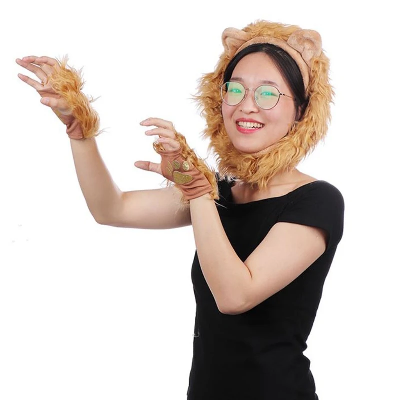할로윈 의상 사자 플러시 귀 머리띠 꼬리와 발 키트 성인용 사자 핑거리스 의상, 어린이 할로윈 장식