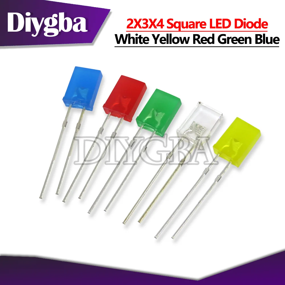100PCS 2X3X4 Square LED Light-emitting Diode White Yellow Red Green Blue Electronic Diy Kit transparent 2*3*4