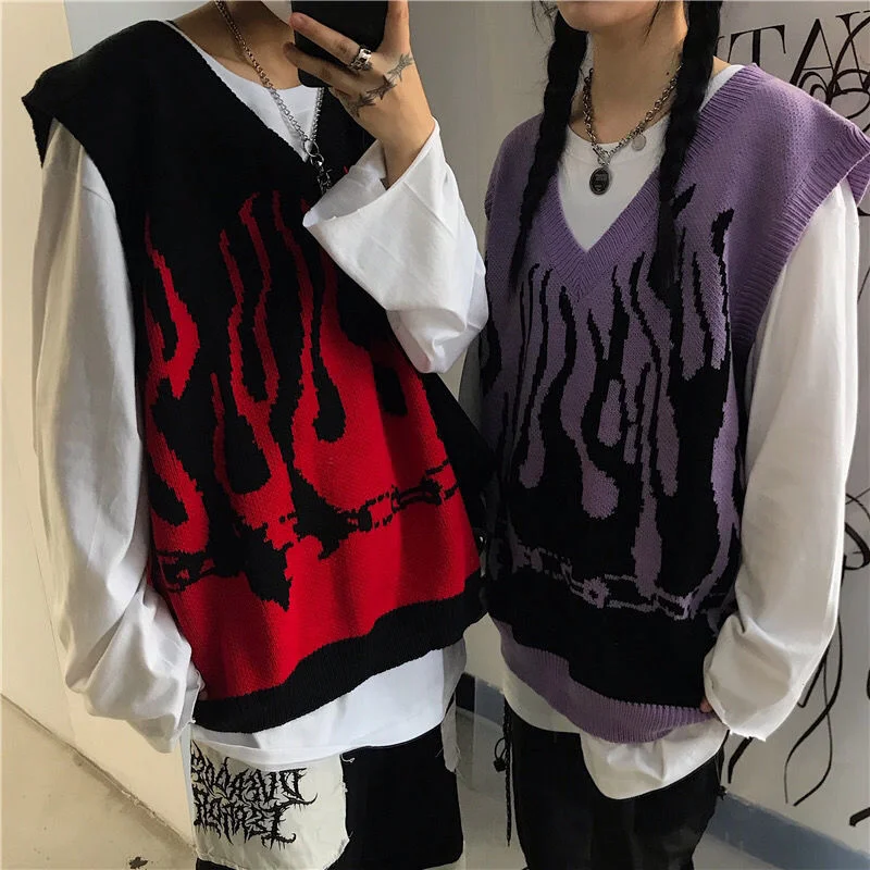 Couples Knitted Vest Sweater Autumn Hit Color Flame Sleeveless V Neck Woman\'s Vests 2022 Loose Waistcoat Chic Oversized Sweaters