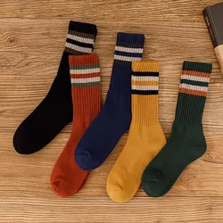 Calcetines de tubo de algodón 100% para hombre, medias gruesas y cálidas de estilo Retro Harajuku, a rayas, de talla grande, 5 pares