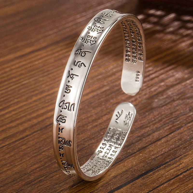 KOFSAC New Buddhist Scriptures Bangle Women Vintage Trendy Thai Silver Jewelry Lady Open Size Bangles Glamorous Birthday Gift