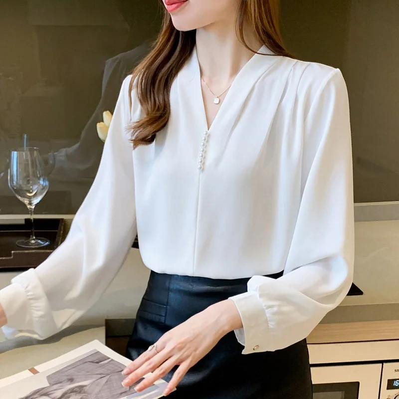 Shirt Female Tops Autumn White Long Sleeve French Style V-neck Blouses Women Blusas Mujer Button Solid Dropshipping Clothes 1476