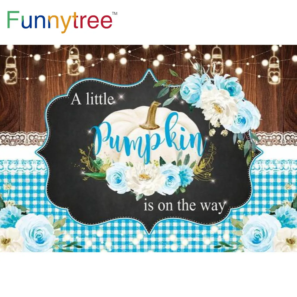 Funnytree Pumpkin Birthday Party Baby Shower Blue Flowers Background Lights Banner Wood Lattice Lace Leaves Photozone Backdrop