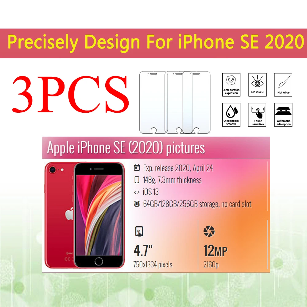 Protector de pantalla para teléfono móvil Apple, armadura de protección de vidrio templado 9H, 3 uds., iPhone SE 2020, SEe2020 SE 2022 iPhone 12 13