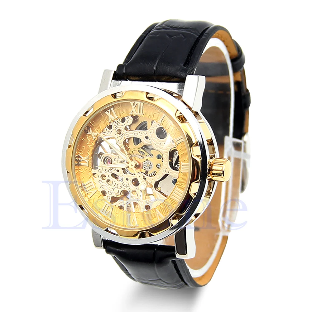 Mens Classic Black Leather Gold Dial Skeleton Mechanical Army Sport Wrist Watch