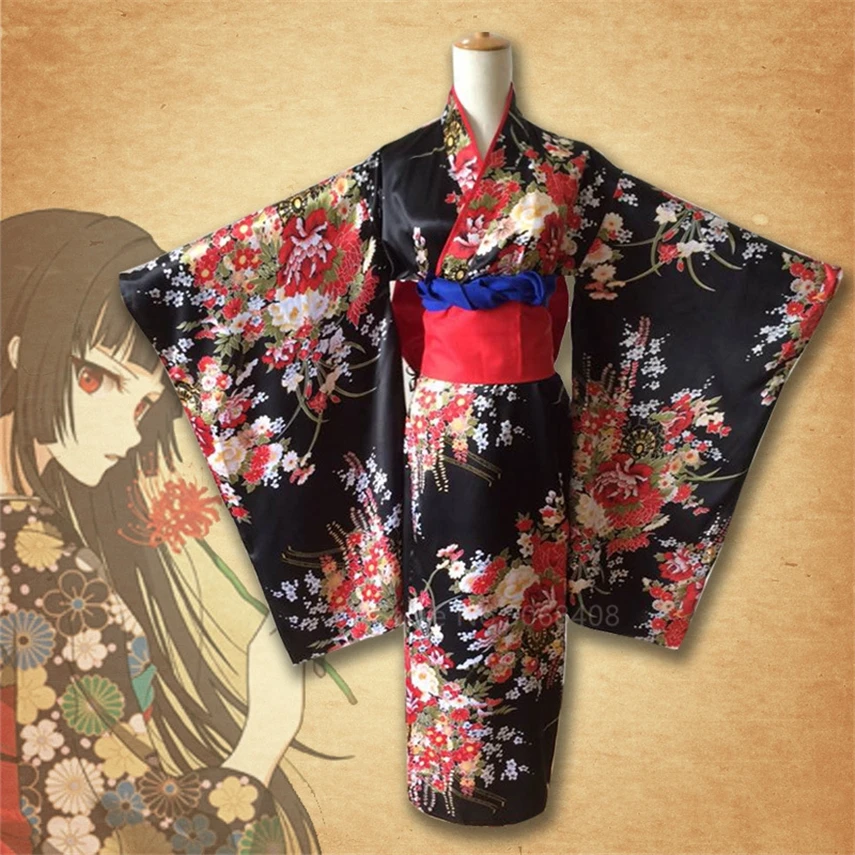 Japanese Traditional Kimono Dress Anime Hell Girl Cosplay Costume Obi Haori Vintage Floral Robe Stage Fancy Wear Halloween Dark