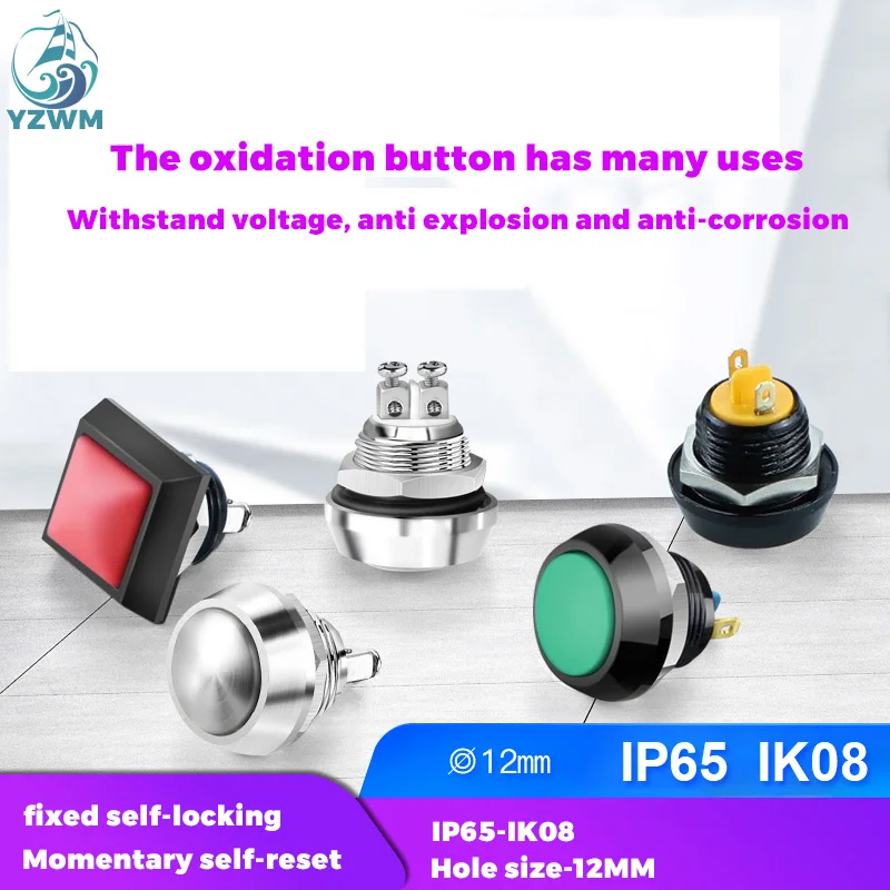 

YZWM 12mm Spherical Metal Button Switch Oxidation Surface Reset Self-locking Welding Screw Foot Waterproof and Anti Riot