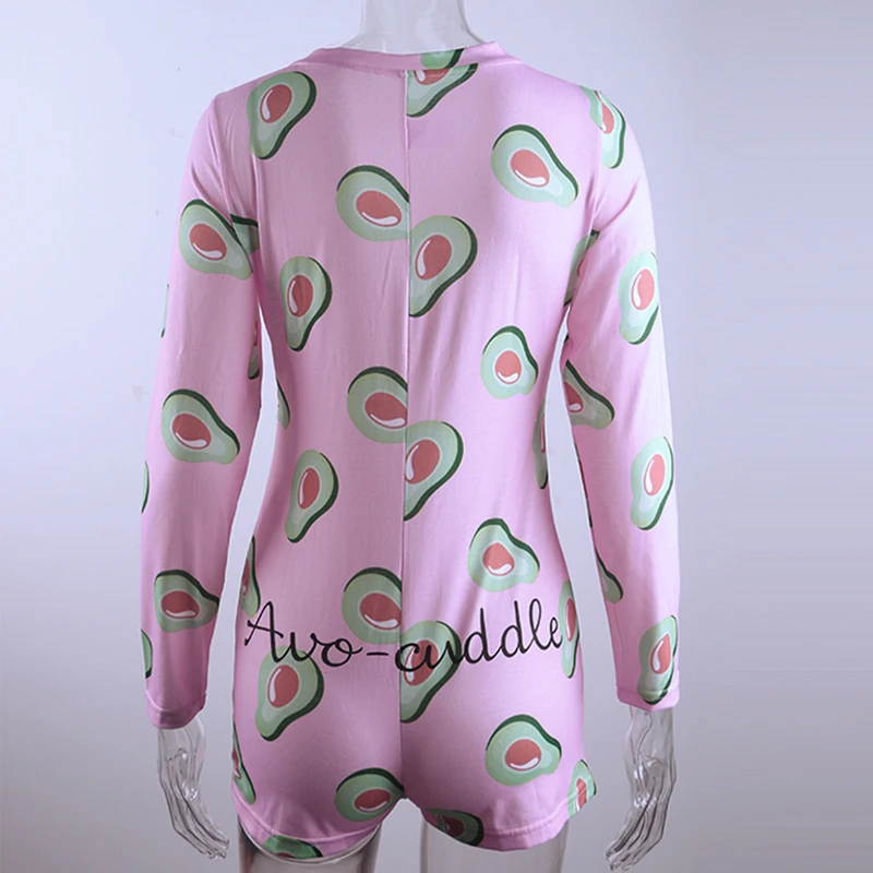 OMSJ New Womens Autumn Sleepwear Pyjamas Funny Fruit Print Long Sleeve Skinny Short Jumpsuit Casual Cute Christmas Onesies Adult