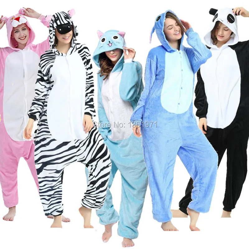 

HKSNG Winter Adult Women Animal Kigurumi Happy Cat Onesies Panda Rabbit pajamas Halloween Cosplay Costume