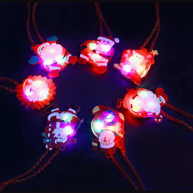 12pcs Sale Led Dance Christmas Santa Claus Light Up Led Necklace Glowing Flashing Pendant Toys Party Xmas Gift For Kid