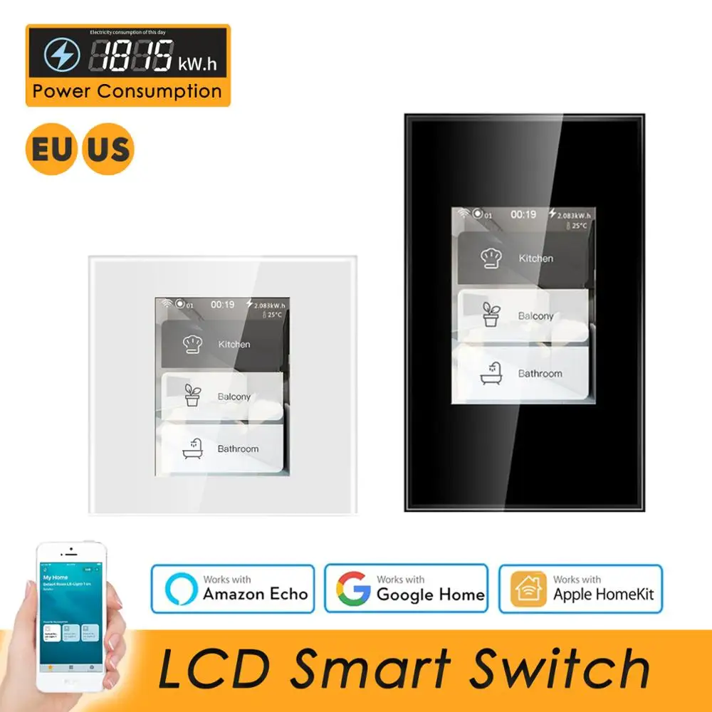 LCD Wifi Smart Wall Switch Work with Apple Homekit Alexa Google Home Assistant, Power Consumption for Smart Home US EU 110V 220V 