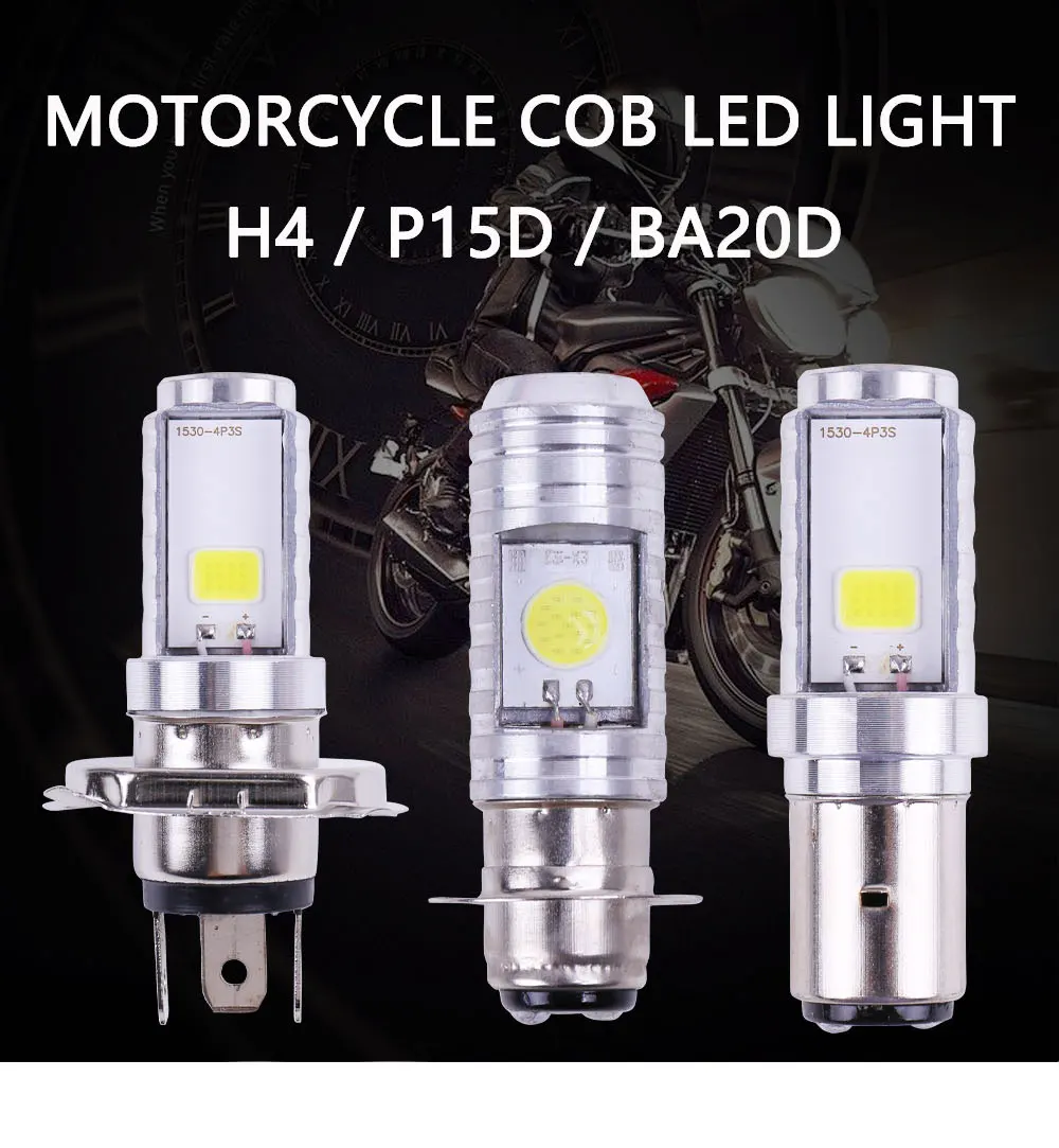 H4/P15D/BA20D 18W LED 2 COB Motorcycle Headlight Bulb 2000LM 6000K Hi/Lo Beam Light