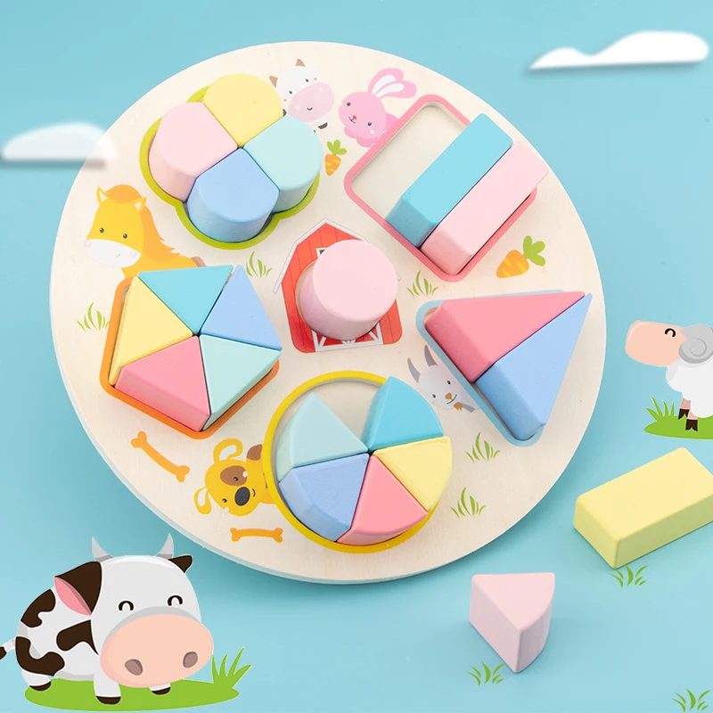 Montessori Wooden Toys Macaron Color 3D Puzzle Geometric shape Cognition Board  For Children Kids Learning Educational Toys Gift