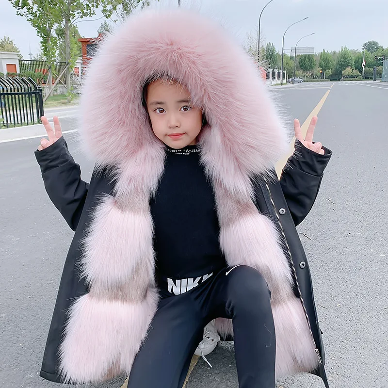 2024 Fashion winter Children Faux Fox Fur Coat Kid Boys Girls clothing Clothes Hooded Thick Warm Jacket Outerwear Parka snowsuit